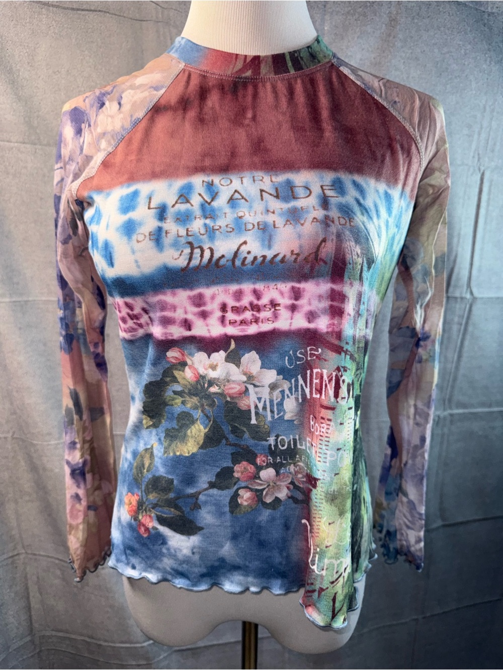1414-Claire Pettibone Sheer Long-Sleeve Floral Print Dress Top in Multicolor